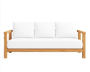 Fototapeta premium Light oak minimalist sofa with exposed frame, simple yet luxurious design, crisp white cushions, modern setting