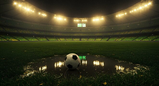 Fotos/Imagens de uma bola de futebol encharcada pela chuva, sobre a grama de um est&aacute;dio de futebol iluminado &agrave; noite no Brasil