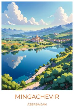 Mingachevir Azerbaijan Travel Poster Flat Illustration Print Decor Gift Canvas Wall Art Gift