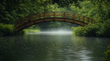 Scenic wooden bridge over tranquil water amidst lush greenery landscape