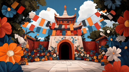 vibrant illustration of traditional Asian temple adorned with colorful flags and surrounded by lush flowers. scene is lively and festive, capturing sense of celebration and cultural richness