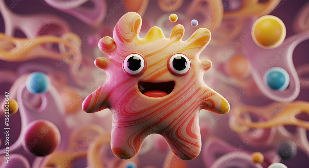 Poster Cartoon character with swirls and floating spheres around