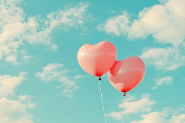 Heart-shaped balloons floating against a bright blue sky with fluffy clouds on a sunny day