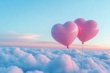 Fototapeta premium Romantic heart-shaped balloons floating above fluffy clouds at sunrise in a tranquil sky