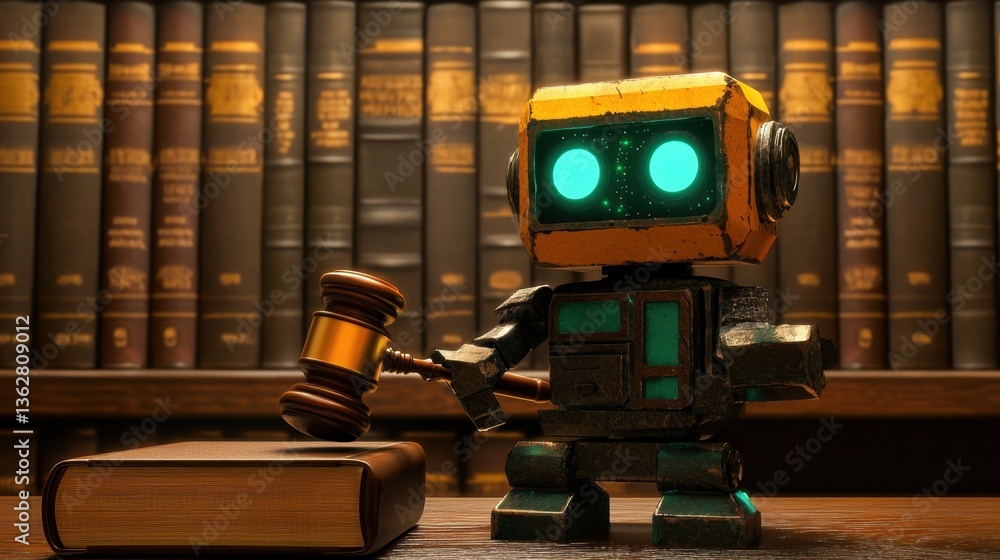 Poster a robotic judge with glowing eyes and a gavel in hand, presiding over a digital court case in a clas