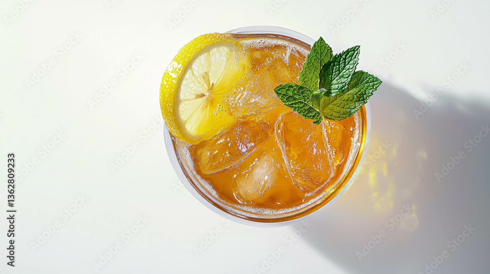 Poster refreshing ginger and lemon iced tea with mint garnish - ideal for summer drinks menu