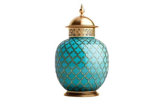 Turquoise vase with gold accents and intricate design