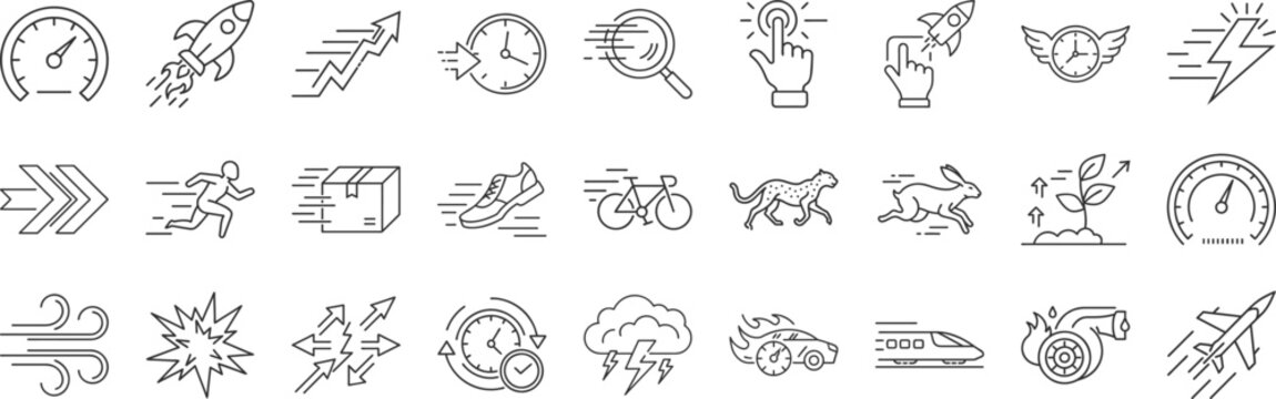Speed, acceleration line icon set. Vector pictograms of fast movement, progress, quick actions, rocket, speedometer, lightning bolt, rapid growth dynamic thin linear illustration.