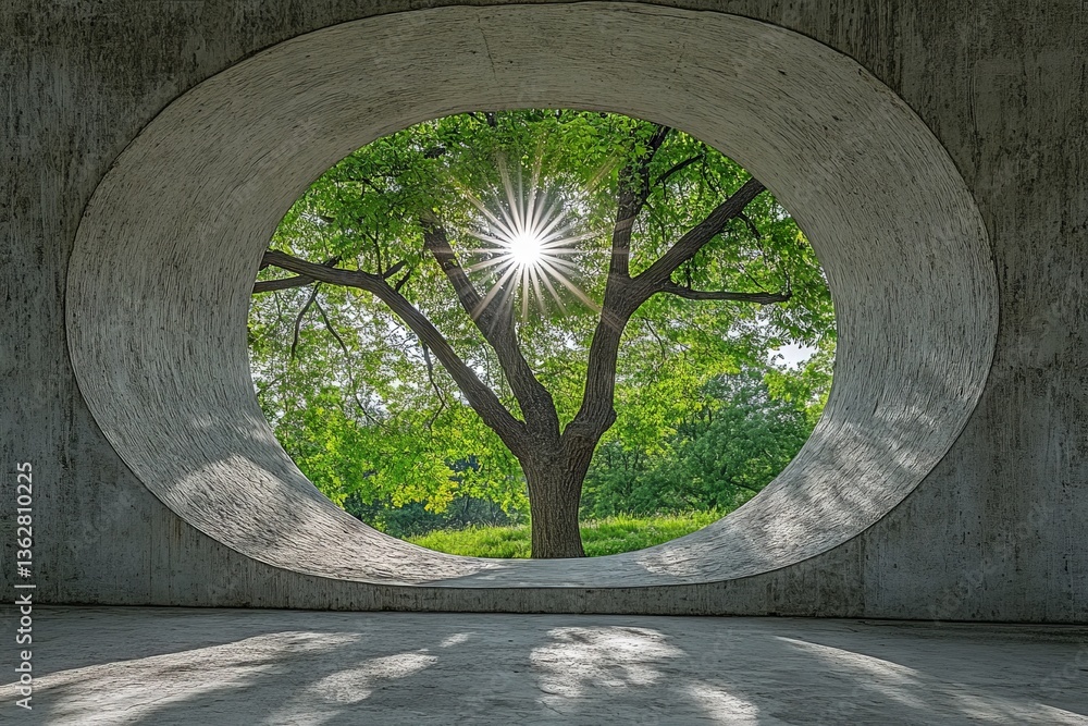 Poster sunlight filters through a circular concrete opening framing a vibrant green tree in a serene outdoo