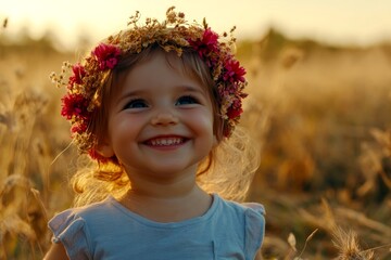 Fototapeta premium Golden hour in sunset. Happy caucasian toddler girl with multi-color hair wearing red flower crown on her head. Happy summertime conceptual art. Girl celebrating summer. Happy child in summer.
