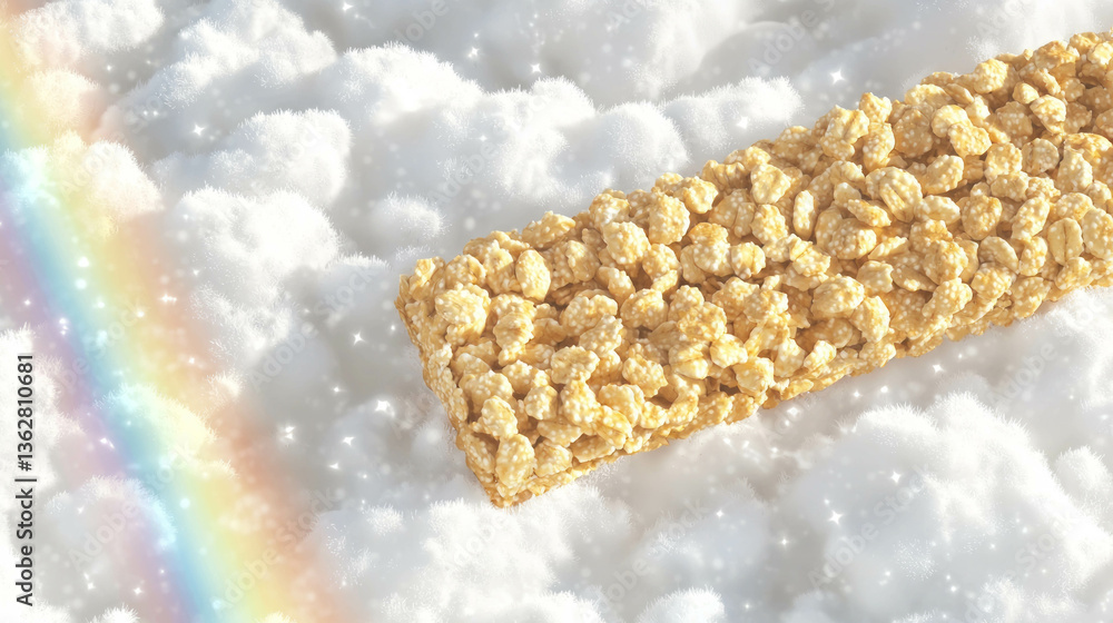 Poster surreal granola bar on fluffy clouds with rainbow for whimsical design concepts