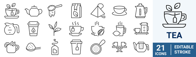 Tea cup line web icons. Disposable tea cup. Plastic container for hot and cold drink, juice, tea. Vector illustration