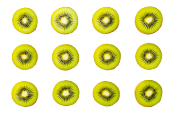 Slices of kiwi arranged in a grid on a transparent background