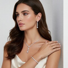 Woman Wearing Diamond Drop Earrings and Bracelet - Modern Minimalist Jewelry Fashion Shoot
