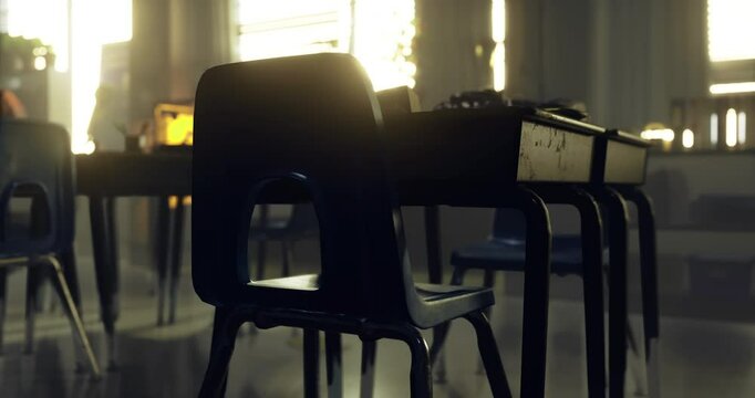 Warm sunlight streams through the windows of a quiet classroom, highlighting empty desks and chairs. The atmosphere suggests a pause in activity, inviting reflection and calm.