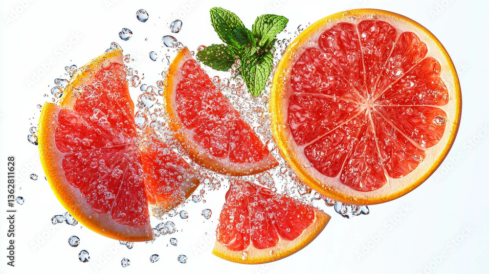 Poster Refreshing grapefruit and mint with sparkling prosecco bubbles - perfect for summer design concepts