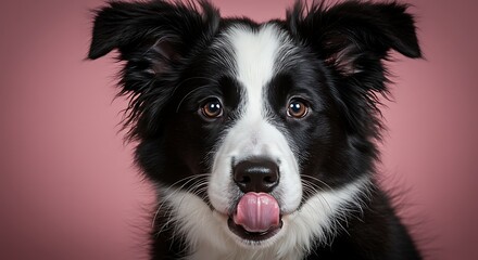 Fototapeta premium Funny and Hungry Shepherd Puppy Dog Eating and Licking Its Lips with Tongue, Isolated on Pink Pastel Background, Adorable Puppy Expression, Playful Dog Image, Cute Pet Photography, Light Pink Backdrop