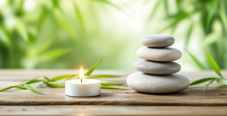 Obraz premium Zen stones stacked with a lit candle on a wooden surface, surrounded by bamboo leaves. Soft green background. Concept of relaxation, harmony, and meditation. Ai generative