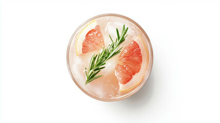 Refreshing grapefruit and vodka cocktail with rosemary sprig overhead view