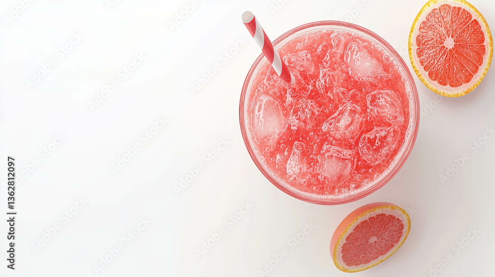 Poster Refreshing grapefruit juice in glass with ice and sliced fruit - perfect for summer drinks and healthy living