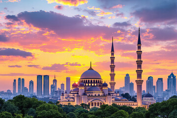 Obraz premium Stunning mosque with intricate domes and tall minarets at sunset, set against a modern city skyline and lush greenery, symbolizing culture and religion. Ai generative