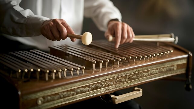 Extreme close-up of a cimbalom player's fingertips striking the strings with delicate hammers ornately decorated gold cimbalom glows under soft light musician's white shirt with the dark background