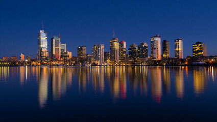 Urban night cityscape panorama with skyscraper lights reflecting in water