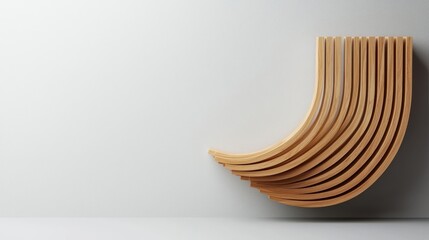 Floating curved wooden divider, suspended light oak frame, modern artistic ambiance