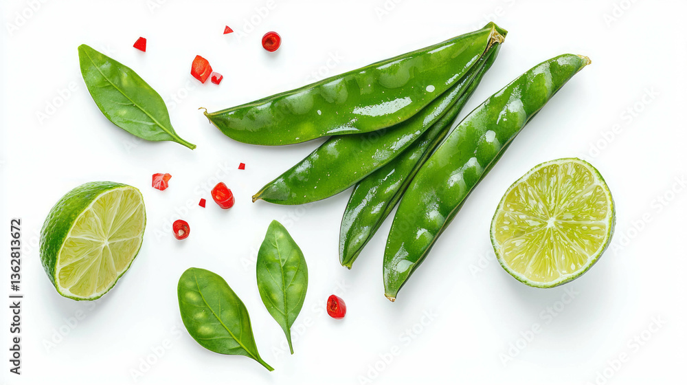 Poster green sword bean and lime composition with fresh leaves and red peppers