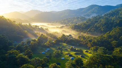 Fototapeta premium Enchanting Campground at Sunrise: Tents Nestled in a Lush Valley Landscape