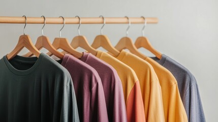 Obraz premium Colorful assortment of t-shirts hanging on a wooden rack display