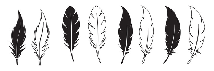 Set of Bird Feather icon, Feathers vector set in a flat style, Black quill feather silhouette and outline vector illustration