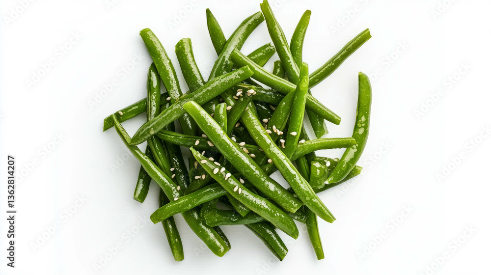 Poster fresh green sword bean salad garnished with sesame seeds on white background