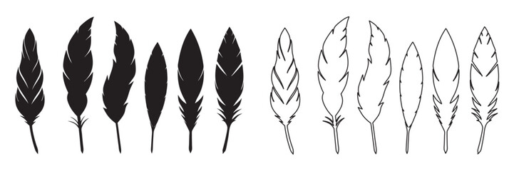 Set of Bird Feather icon, Feathers vector set in a flat style, Black quill feather silhouette and outline vector illustration