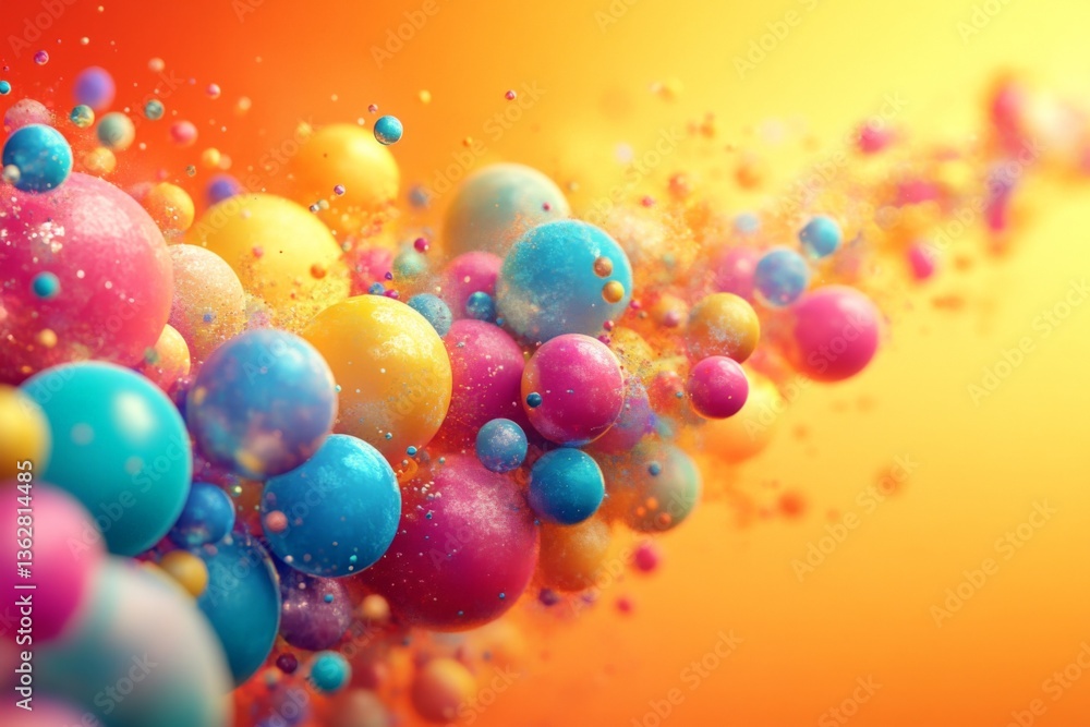 Poster Colorful spheres burst through the vibrant background creating a dynamic abstract composition during daylight