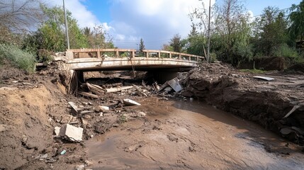 Natural disasters earthquake climate happening. A damaged bridge over a muddy river, surrounded by debris and vegetation, reflecting the aftermath of a flood or natural disaster.