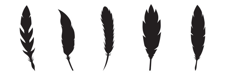 Set of Bird Feather icon, Feathers vector set in a flat style, Black quill feather silhouette and outline vector illustration