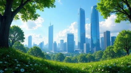 Obraz premium Urban Oasis A Verdant Hillside Offering a Serene View of the Modern Skyline