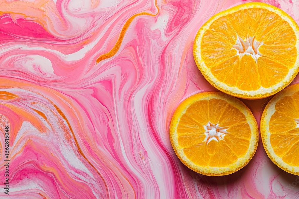Poster bright orange slices on colorful pink and white marbled background create a vibrant and fresh displa