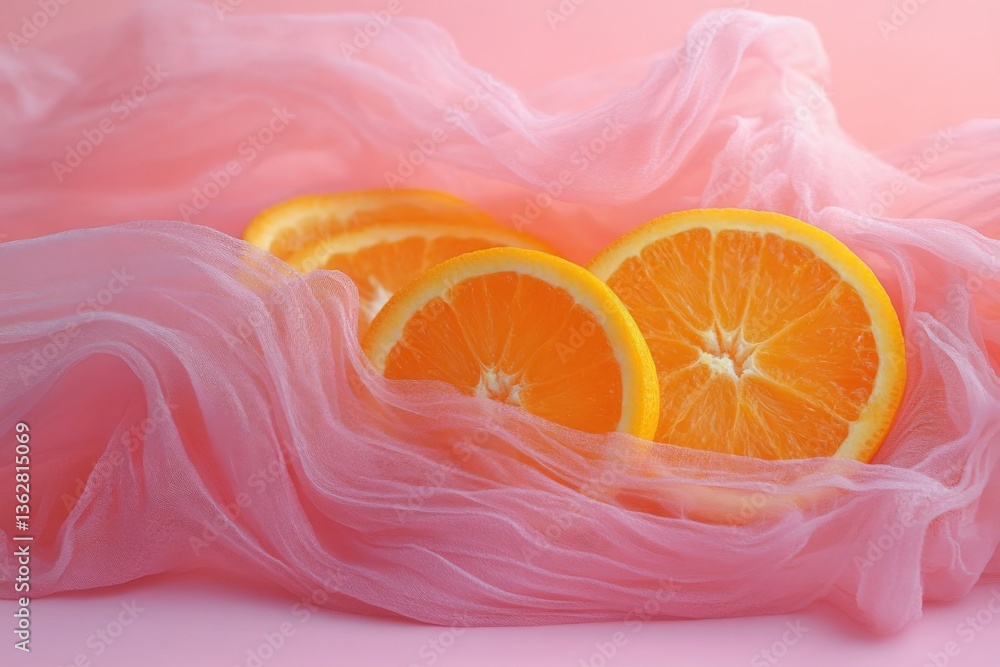 Poster Sliced oranges displayed on soft pink fabric create a vibrant and refreshing centerpiece for any setting