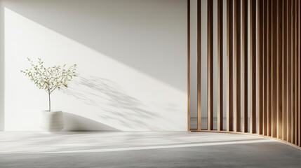 Modern curved wooden partition, seamless open structure, neutral palette, refined interior