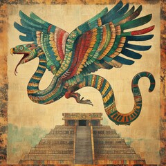 Colorful quetzalcoatl mural with pyramid in ancient aztec artwork design