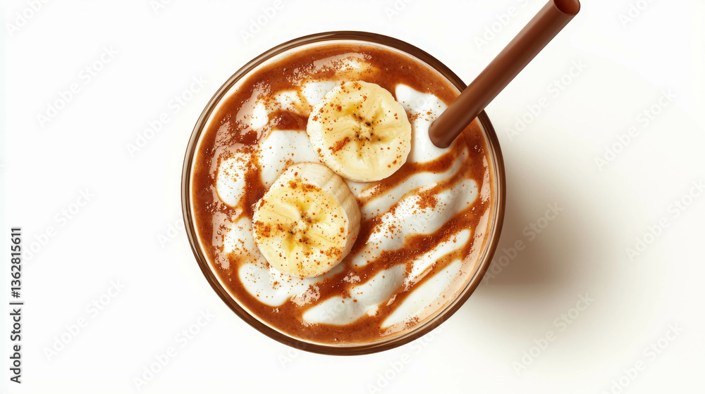 Poster creamy hazelnut and banana smoothie topped with fresh banana slices for healthy refreshment