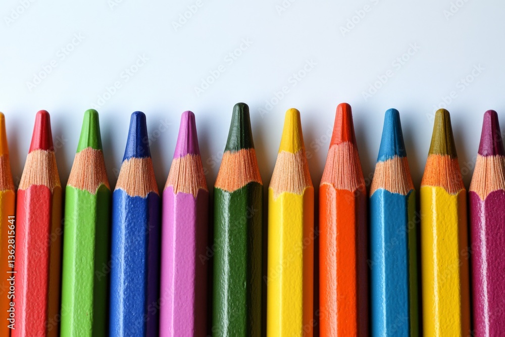 Poster Colorful array of sharpened colored pencils lined up on a white surface ready for use in art projects