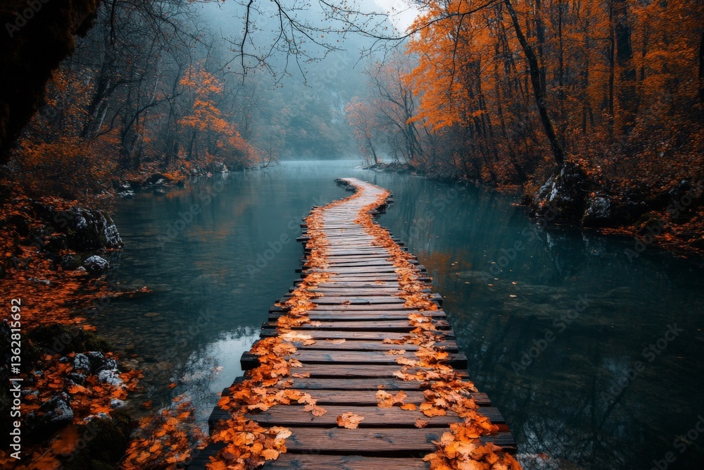 Poster autumn walkway winding through a serene forest by a calm river with vibrant leaves
