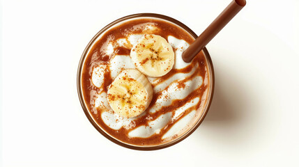 Creamy hazelnut and banana smoothie topped with fresh banana slices for healthy refreshment