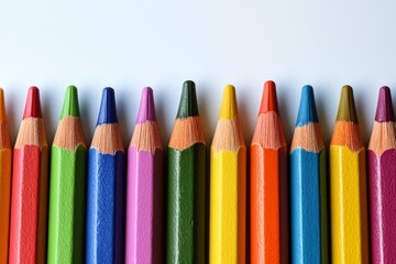 Colorful array of sharpened colored pencils lined up on a white surface ready for use in art projects
