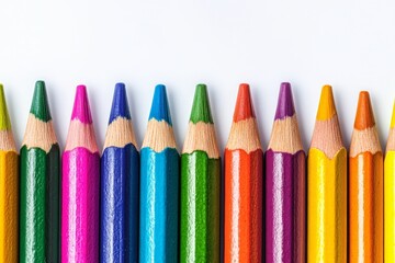 Fototapeta premium Colorful arrangement of sharpened colored pencils lined up on a white background showcasing vibrant hues and creativity