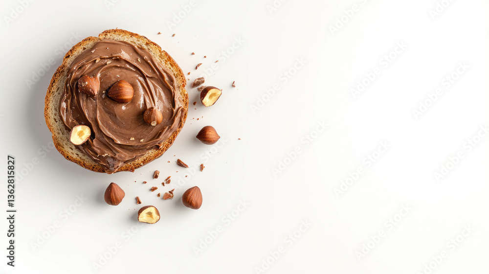 Poster Hazelnut and chocolate spread on bread slice with whole and chopped nuts