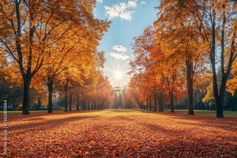 Aufkleber vibrant autumn landscape with golden leaves and sunlight filtering through trees in a serene park se